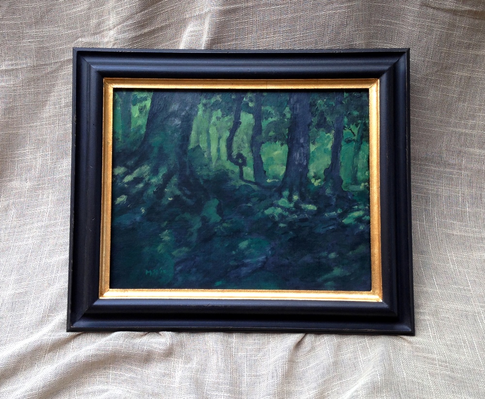 full view of woodland scene four an original painting by mj seal in a hand made frame